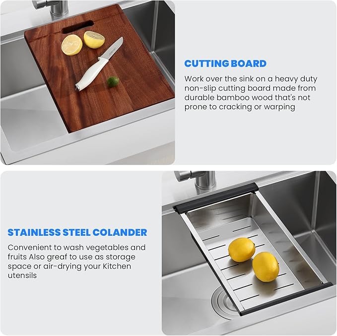 POPFLY 28 x 20 Inch Kitchen Sink, 28 Inch Stainless Steel Top Mount Drop in Workstation Sink, 9-Inch Deep Handmade Sinks with Cutting Board & Strainer, Brushed Nickel（28×20×9）