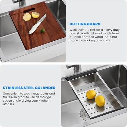 POPFLY 28 x 20 Inch Kitchen Sink, 28 Inch Stainless Steel Top Mount Drop in Workstation Sink, 9-Inch Deep Handmade Sinks with Cutting Board & Strainer, Brushed Nickel（28×20×9）