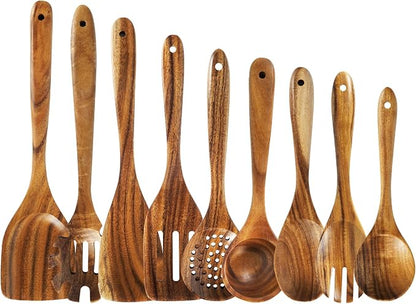 Wooden Spoons for Cooking – 9 Pc Teak Wood Utensil Set, Nonstick Safe & Heat by SIXILANG