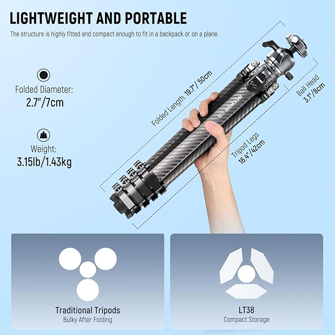 NEEWER LITETRIP LT38 61" Travel Tripod Carbon Fiber for Camera, 360° Pan Tilt Low Profile Ball Head, Flexible Center Axis, Arca QR Plate Compatible with Peak Design Tripod Clip V3, Max Load 22lb