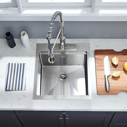 Kitchen Sink, 17 x 19 Inch Drop-in Bar Sink Stainless Steel Topmount Kitchen Sink Single Bowl Workstation Sink with Cutting Board