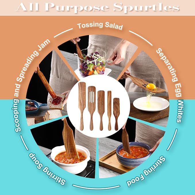 5Pcs Wooden Spurtle Set, Natural Acacia Wood Kitchen Utensils Set - Image 4