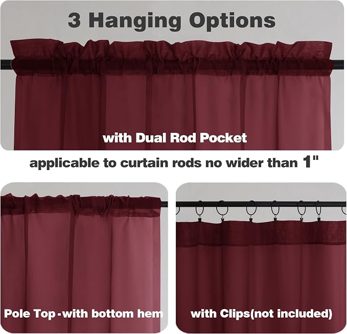 Chyhomenyc Burgundy Sheer Curtains 63 Inches Long 2 Panels Set, Light Filtering - Image 3
