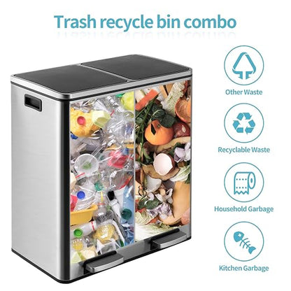 16 Gallon Rectangular Stainless Steel Trash Can, Dual Compartment Garbage Bin - Image 3