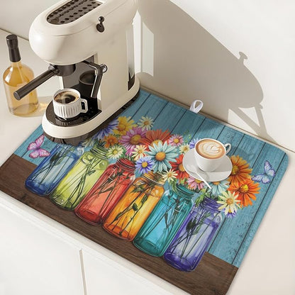 Vintage Floral Dish Drying Mat for Kitchen Counter Rustic Flower Vases Wooden - Image 7