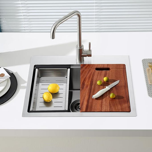 POPFLY 23×18 Inch Drop in Workstation Kitchen Sink, Handmade 18-Gauge 304 Stainless Steel Sinks Topmount 9-Inch Deep Single Bowl Modern Overmount Small Kitchen Sink with Cutting Board