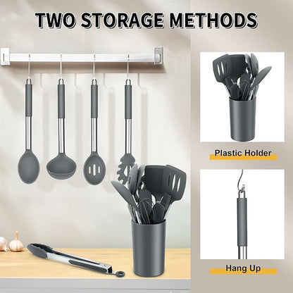 Silicone Cooking Utensils Set, E-far 14-Piece Gray Kitchen Utensils Set - Image 6