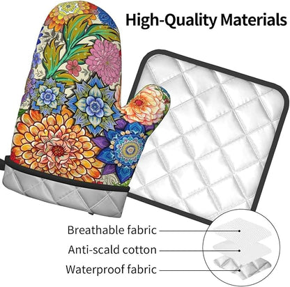 Boho Floral Oven Mitts and Pot Holders Sets of 3, Colorful Flowers Heat - Image 9