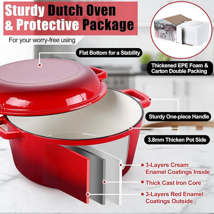 P&P CHEF 5Qt Dutch Oven Pot for Bread Baking, 2 In 1 Round Cast Iron Dutch Oven - Image 4