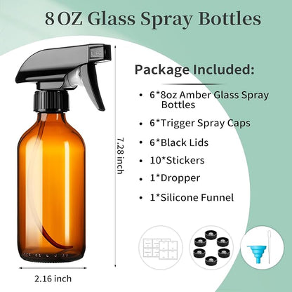 8oz Amber Glass Spray Bottles, 6 Pack Glass Spray Bottles Refillable Empty - Image 2
