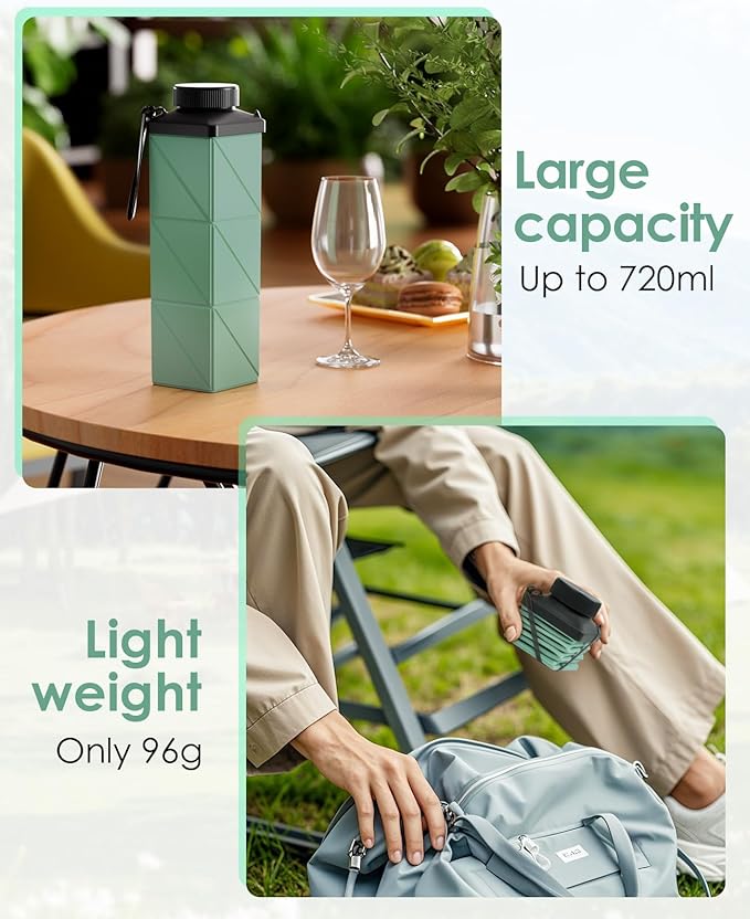 Collapsible Water Bottle, 2nd Generation Leakproof BPA-Free Travel 24.3oz(720ml), Lightweight Reusable, Portable for Travel Cycling Gym Camping Sports, Green