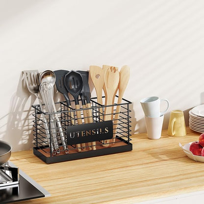 THYGIFTREE Utensil Holder for Kitchen Counter Large Black Metal Cooking Utensil - Image 6