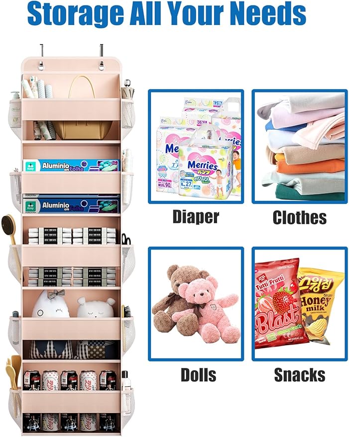 Over The Door Storage Organizer, RV Bathroom Organizer, Over The Door Organizer Camper Storage and Organization, 5 Shelf Hanging Over Door Organizer for Camper, Bathroom, Bedroom, Closet-Pink