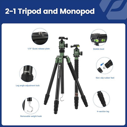 Fotopro 68" Camera Tripod for DSLR, Heavy Duty Compact Travel Tripod with Ball Head, Detachable Monopod with Quick Release Plate and Bag, Load up to 12KG/26.5lbs, Green