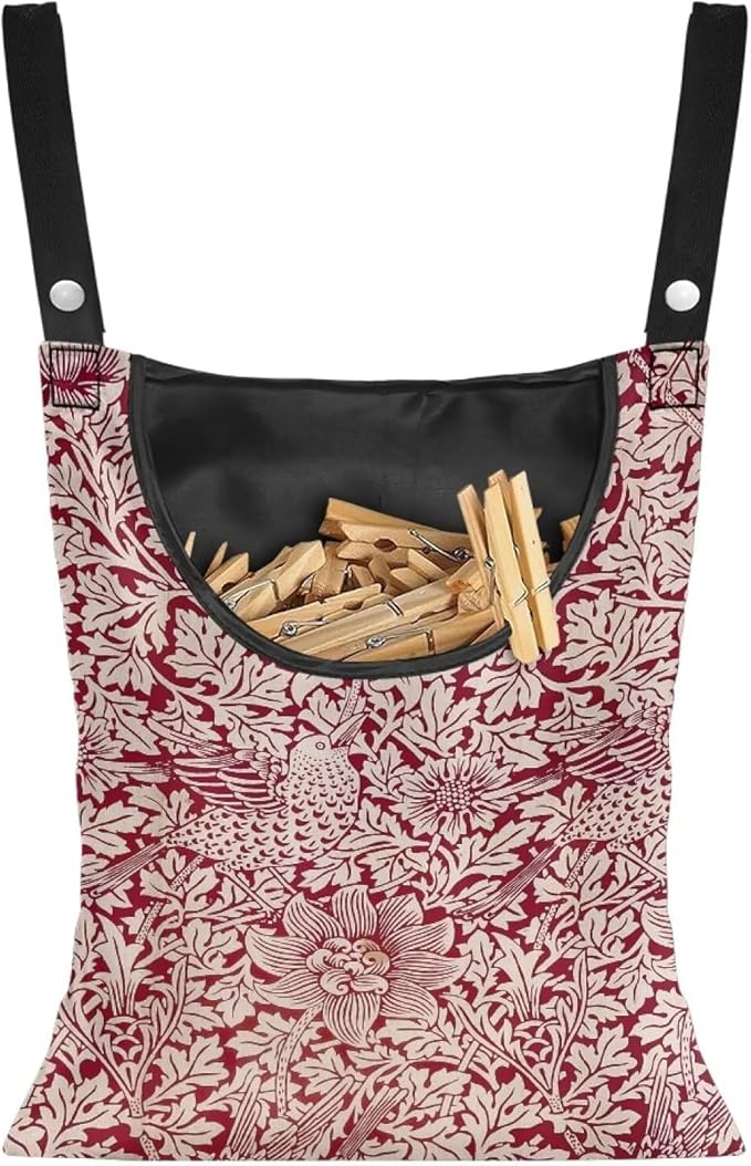 Strength Clothespin Bag 14.5x12 Inches - Vintage Bird Flower Red Print Commercial Quality Storage with Oversized Opening - Heavy Duty Polyester Construction with Reinforced Grommets