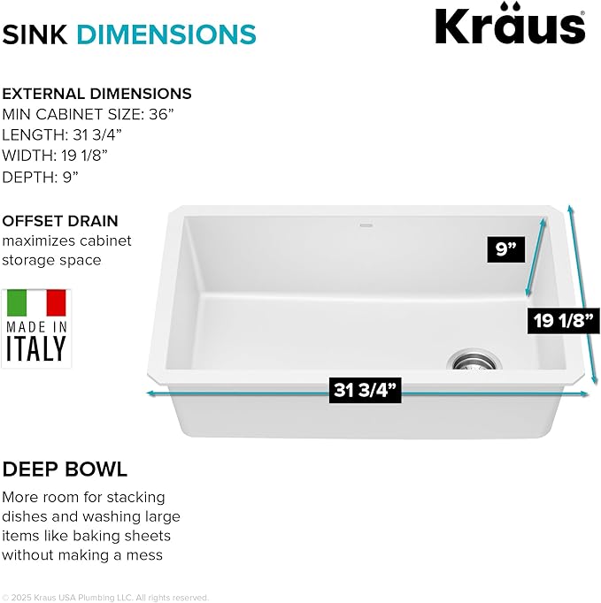KRAUS Forteza 32-inch Granite Undermount Single Bowl White Kitchen Sink, KGU-55WHITE