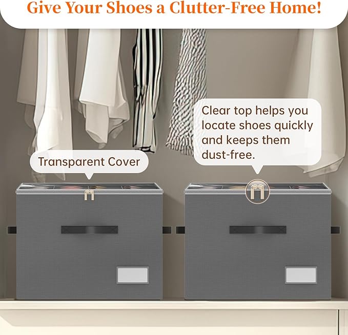 Shoe Organizer for Closet, 2 Pack Foldable Shoe Storage Containers, Fits up 16-32 Pairs, Shoe Storage Organizer Box Cubby Baskets Bins with Clear Cover and Reinforced Handles, Gray