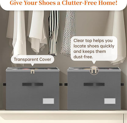Shoe Organizer for Closet, 2 Pack Foldable Shoe Storage Containers, Fits up 16-32 Pairs, Shoe Storage Organizer Box Cubby Baskets Bins with Clear Cover and Reinforced Handles, Gray