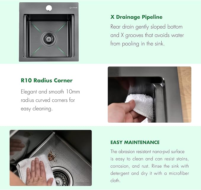 Kitchen Sink, 15 x 15 x 10 inch Kitchen Sinks Small Bar Prep Sink 16 Gauge Gunmetal Black Drop in Kitchen Sink Single Bowl Workstation Sink with Cutting Board