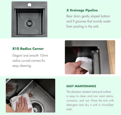 Kitchen Sink, 15 x 15 x 10 inch Kitchen Sinks Small Bar Prep Sink 16 Gauge Gunmetal Black Drop in Kitchen Sink Single Bowl Workstation Sink with Cutting Board