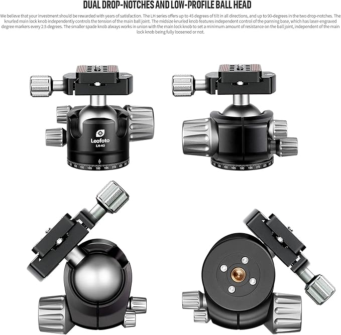 Leofoto Carbon Fiber Travel Tripod with 360° Ball Head, Lightweight Compact Professional Camera Tripod, Weight 4lbs, Max Loads 33lbs/15kg (LS-324CX+LH-40)