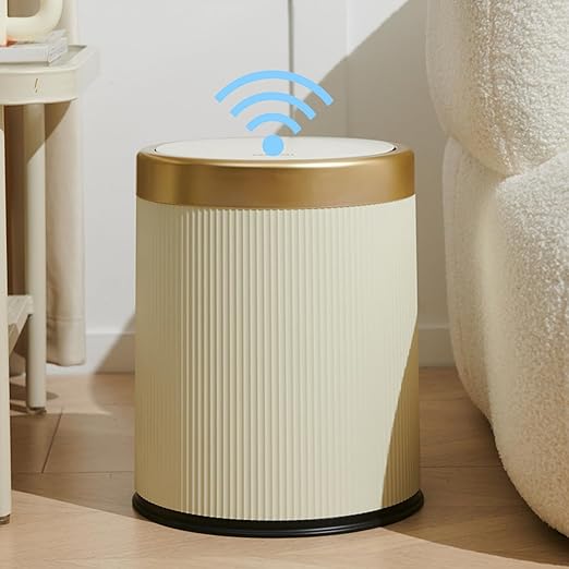 URALFA 3.7 Gallon Motion Sensor Bathroom Trash Can with Lid，Automatic Waterproof Touchless Garbage Can, Smart Plastic Trash Bins Suitable for Toilet, Office, Bedroom, Kitchen (Cream White)
