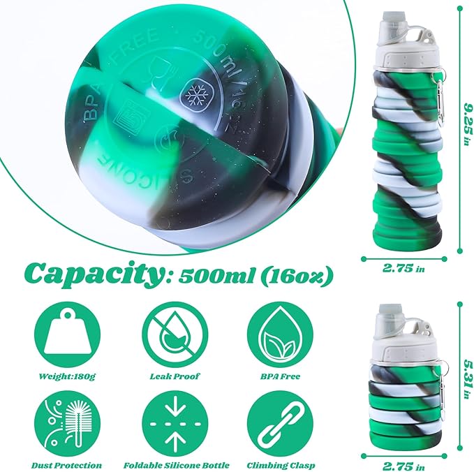 Collapsible Water Bottle for Adults, Boys, Students, Kids, Reusable Silicone Foldable Water Bottles for Travel Camping Hiking Sports,Leak-Proof Portable Sports Water Bottle (Camouflage & Green)