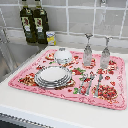 Strawberry Dish Drying Rack Mat Pink Absorbent Microfiber Dish Drying Mat - Image 6