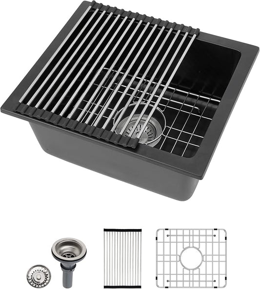 Dcolora 15 Inch Granite Composite Black Bar Sink Undermount Small Kitchen Sink Quartz Prep RV Single Bowl Under Counter Basin DC-GU7745