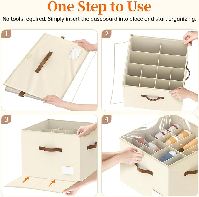 Shoe Organizer for Closet, 2 Pack Shoe Organizer with Clear Cover, Closet Shoe Storage Containers w/Adjustable Dividers, Foldable Storage Bins for Shoes, Fits 16-32 Pairs, Beige