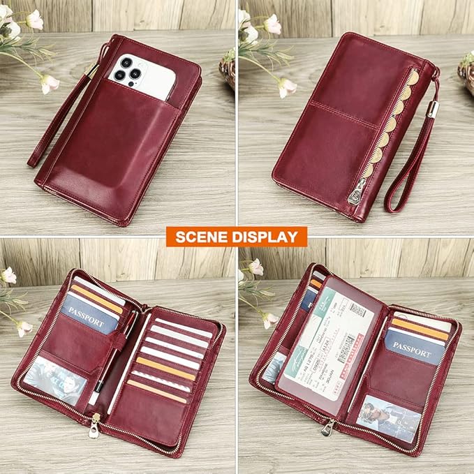 CONTACTS Travel Passport Wallet for 4 Women Leather Passport Holder RFID Blocking Card Organizer Large Capacity Wristlet Clutch Purse Red with 13 Card Slot