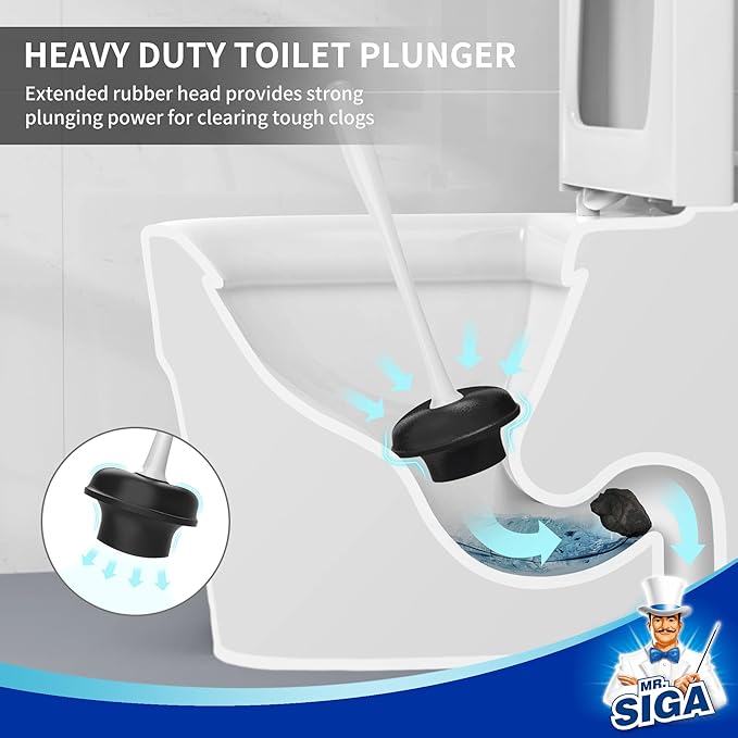 MR.SIGA Toilet Plunger and Bowl Brush Combo for Bathroom Cleaning, White, 2 Sets