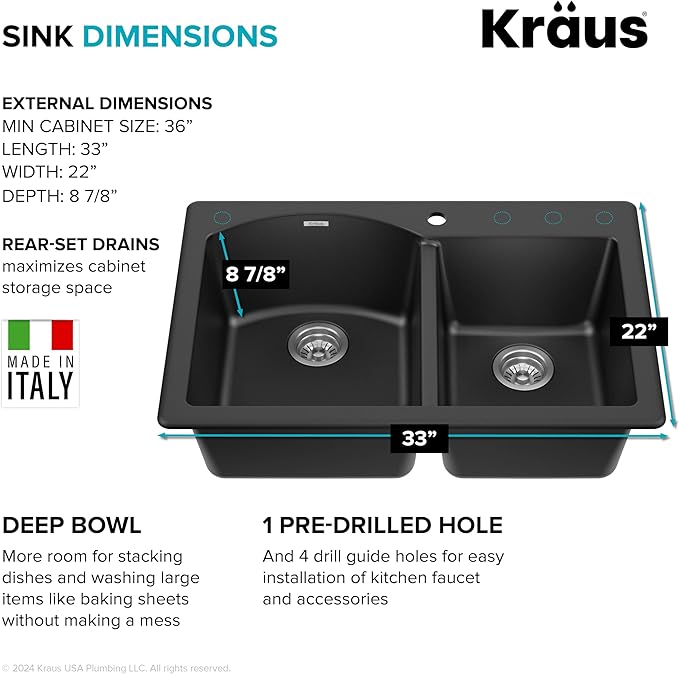 KRAUS Forteza 33-inch Drop In/Undermount 60/40 Double Bowl Granite Kitchen Sink in Black, KGD-50BLACK