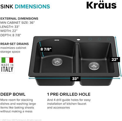 KRAUS Forteza 33-inch Drop In/Undermount 60/40 Double Bowl Granite Kitchen Sink in Black, KGD-50BLACK