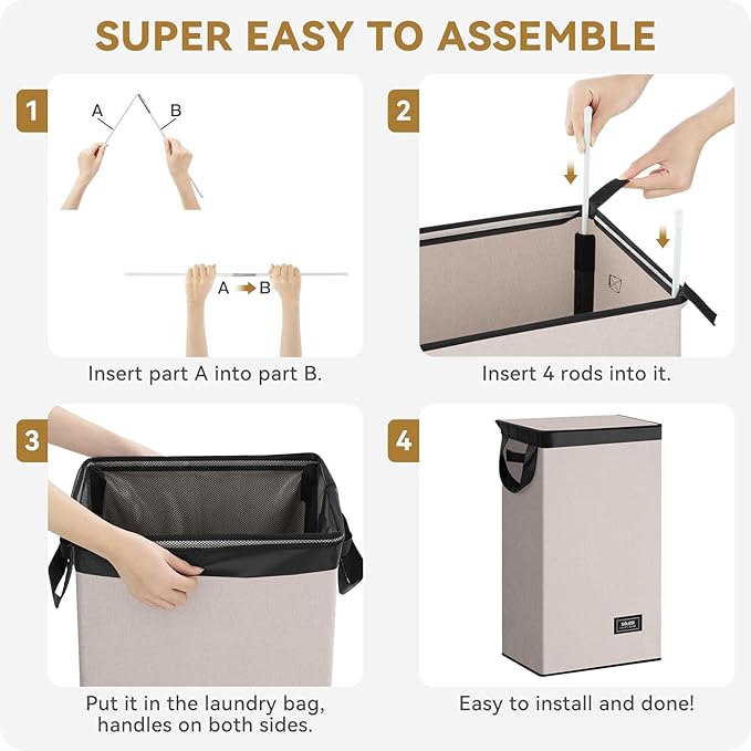 SOLEDI Slim Laundry Hamper with Lid, Narrow Laundry Basket with Removable Bags, Dirty Clothes Hamper with handle, Small Hamper perfect for Laundry room, Bathroom, Bedroom, Small spaces.Light taupe