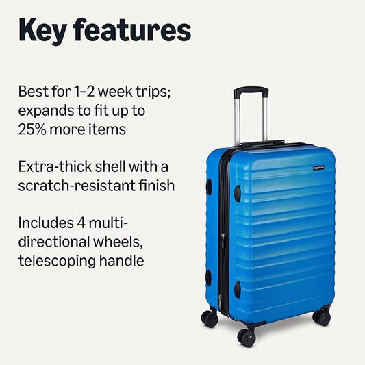Amazon Basics 26" Hardside Medium Checked Luggage, Hardshell Suitcase With Wheels, Expandable For Up to 15% More Space, With Scratch-Resistant Surface, Four Multi-directional Wheels, Light Blue