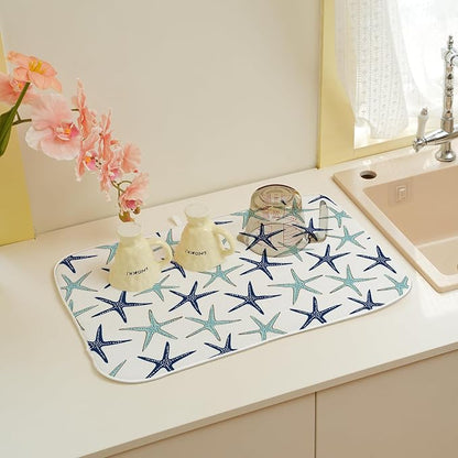 Coastal Dish Drying Mat 18x24 Inch Summer Navy Blue Teal Turquoise Starfish - Image 6