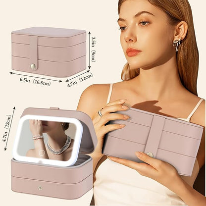 Travel Jewelry Case with LED Lighted Mirror, Personalized Birthday Gifts for Women Girls Kids, 2-Layer Portable Travel Jewelry Organizer, Travel Essentials (Autumn Apricot)