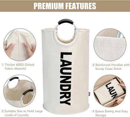 DOKEHOM 90L Large Laundry Basket, Collapsible Laundry Bag, Freestanding Tall Clothes Hamper, Foldable Washing Bin (Beige)