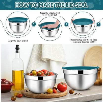 TeamFar Mixing Bowl Set of 5, Stainless Steel 4.5/3/1.5/1/0.7 QT Metal Nesting - Image 6