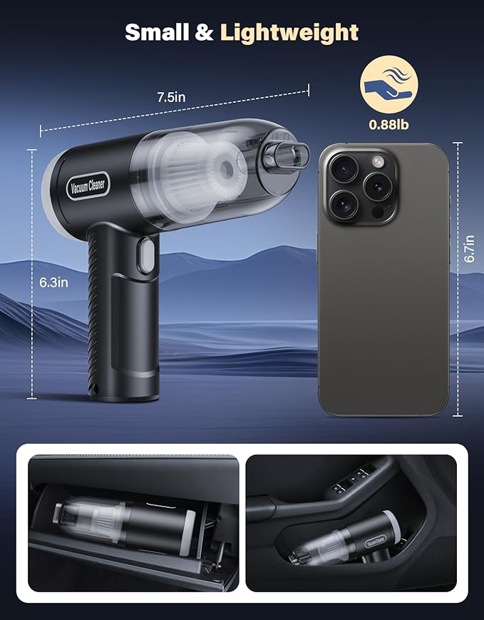 Car Vacuum Portable Cordless, 9000Pa Handheld Vacuum Mini Vacuum Cleaner High Power with Best Suction, 4 in 1 Air Duster Portable Vacuum for Car Keyboard Home Pet Hair with Multi-Nozzles