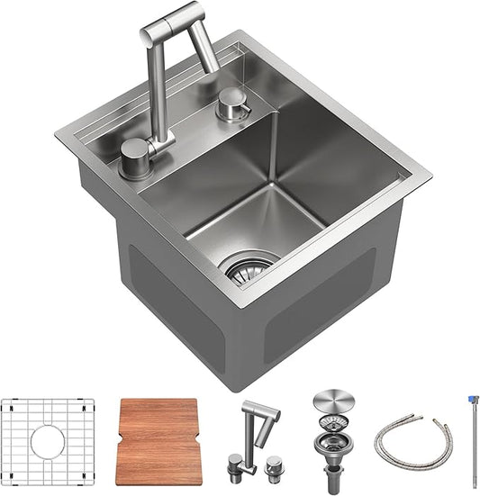 RV Sink 13x15x9, Compact Workstation Bar Sink with Foldable Faucet, Cutting Board & Stainless Steel Grid, Undermount Single Bowl Camper Sink