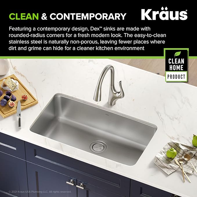 KRAUS Dex 33-inch Undermount 16 Gauge Stainless Steel Single Bowl Kitchen Sink, KA1US33B