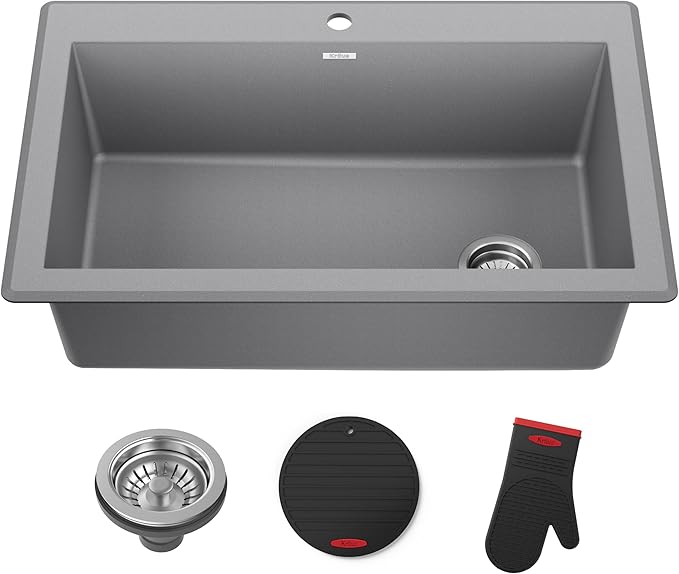 KRAUS Forteza 33-inch Drop In/Undermount Single Bowl Granite Kitchen Sink in Grey, KGD-54GREY
