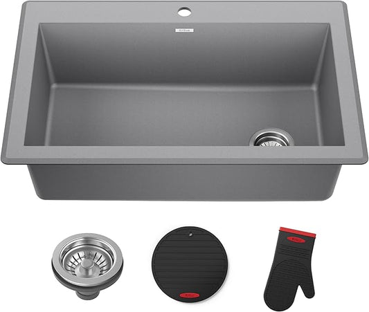KRAUS Forteza 33-inch Drop In/Undermount Single Bowl Granite Kitchen Sink in Grey, KGD-54GREY