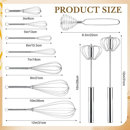 Teenyyou 10 Pcs Stainless Steel Whisks Set Egg Beater Semi Auto Whisk Blender - Image 2