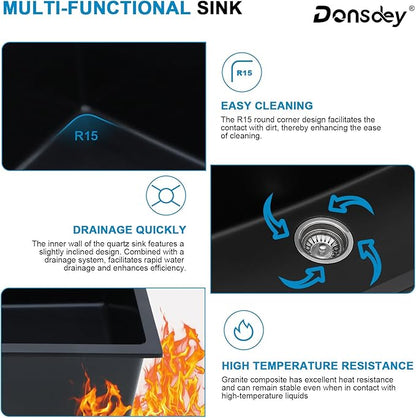 33 Inch Black Undermount Granite Composite Kitchen Sink Under Counter Quartz Single Bowl Sink Workstation Sinks with Accessories Quick Drain Noise Reduction Home Renovation Classic Style