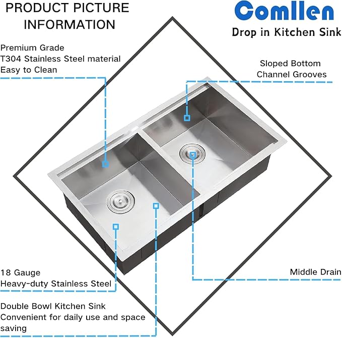 COMLLEN 33 Inch Double Bowl Undermount Kitchen Sink,33x19 Inch Workstation 16 Gauge Stainless Steel Double Kitchen Sinks with Cutting Board,9 Inch Deep Sink Maximizes Space Efficiency