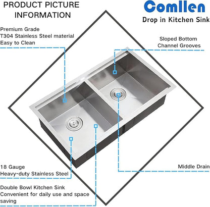 COMLLEN 33 Inch Double Bowl Undermount Kitchen Sink,33x19 Inch Workstation 16 Gauge Stainless Steel Double Kitchen Sinks with Cutting Board,9 Inch Deep Sink Maximizes Space Efficiency