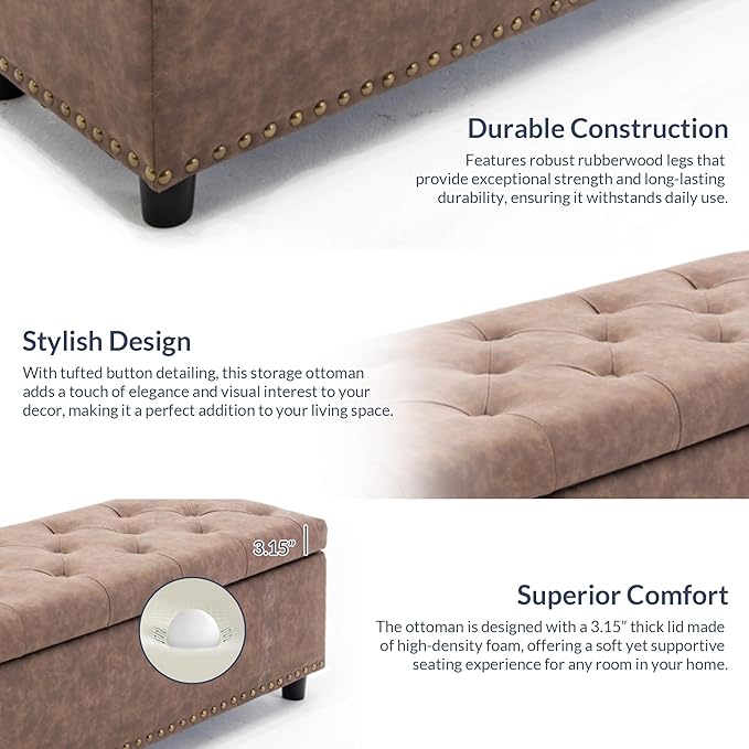 BELLEZE 47" Storage Ottoman, Storage Bench with Safety Close Hinge, Faux Leather Button-Tufted Ottoman for Living Room, Entryway, Hallway, Foot Rest, Support 300lbs - Rustic Brown